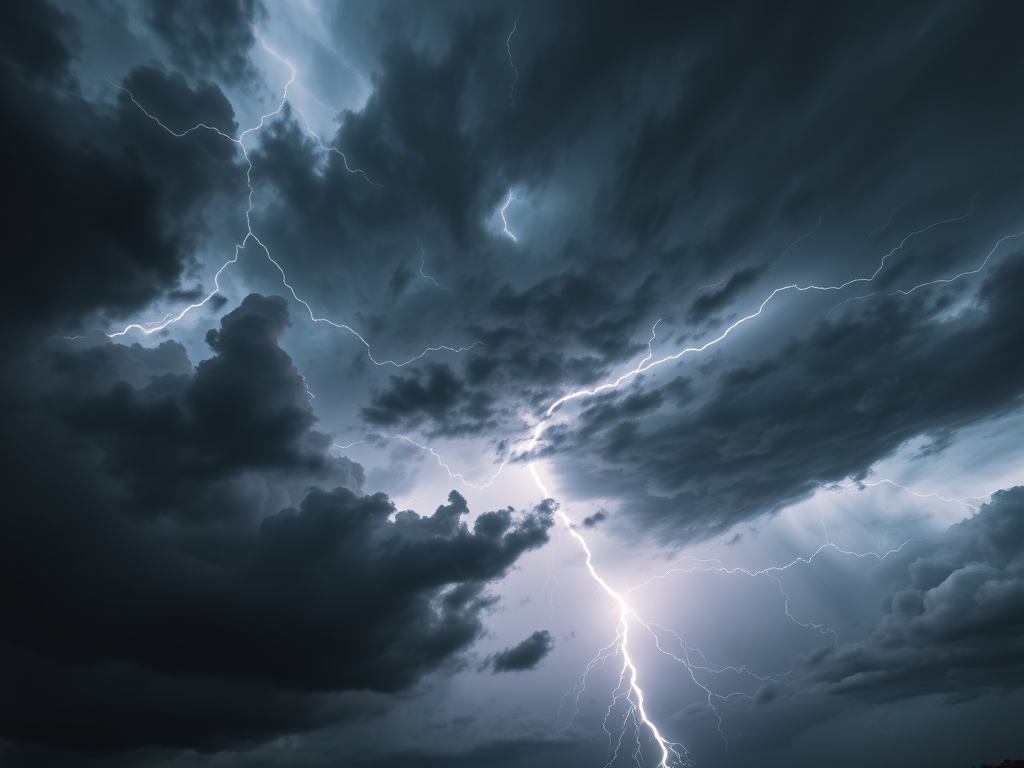 A dark cloudy sky is rent with lightning